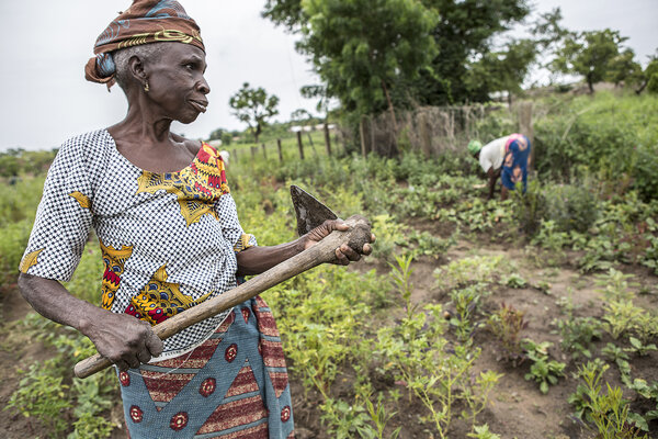 Une femme africaine cultivant un champ