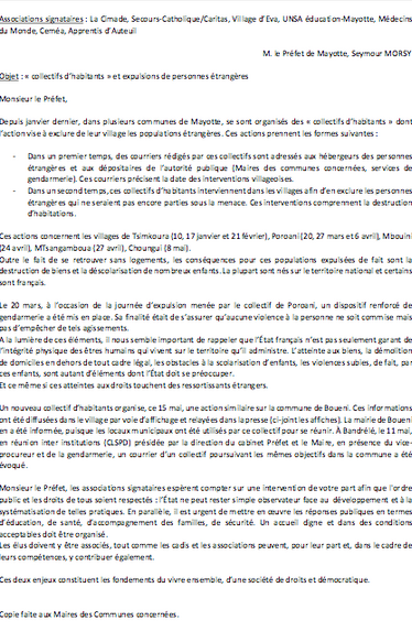 Courrier interassociatif contre les expulsions de migrants à Mayotte