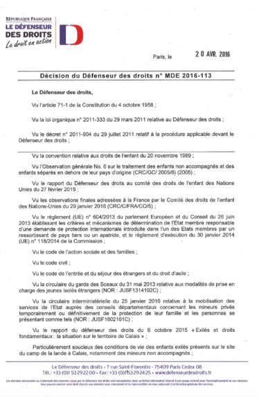 Décision du Défenseur des droits du 20 avril 2016