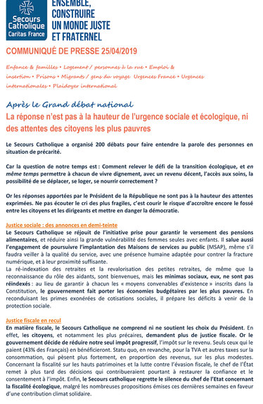 Grand débat  : "La réponse n’est pas à la hauteur de l’urgence sociale et écologique, ni des attentes des citoyens les plus pauvres.