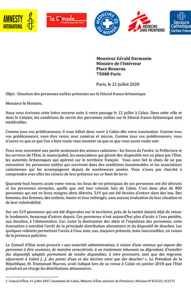 Lettre au nouveau ministre de l'Intérieur sur la situation à Calais